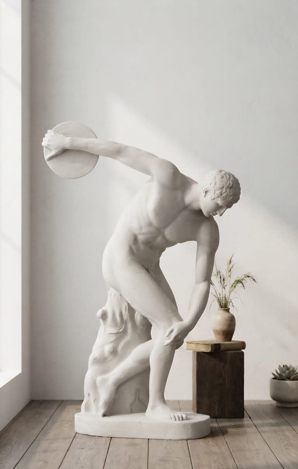 Skulpturë 3D e diskobolusa në ambient modern të brendshëm
